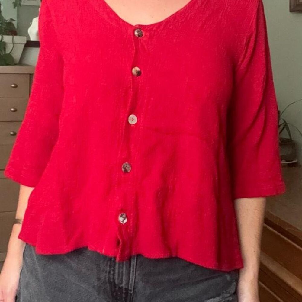 Red vintage textured cotton/rayon blend blouse